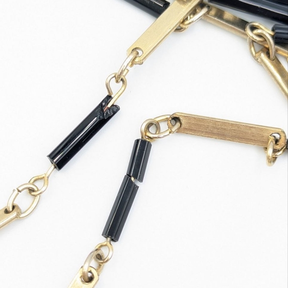 Vintage Black Glass Bugle Bead Multi Strand Gold Tone Chain Necklace 1970s - Picture 12 of 14